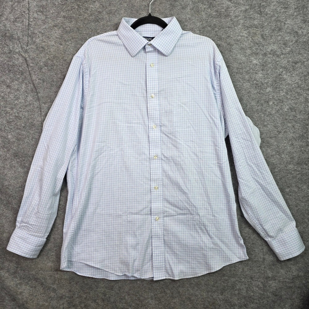 Chaps Mens Slim Fit Blue White Grid Dress Shirt 17 34/35 Stretch 25W0913450